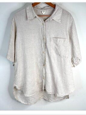 Arket 100% Linen Shirt L Oversized Boxy Neutral Beige Short Sleeve Button Beach
